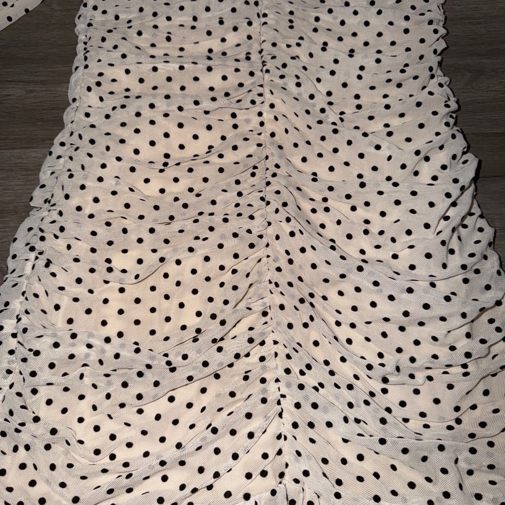 Maeve Puff-Sleeve Ruched Mesh Polka Dot Mini Dress - Picture 9 of 10